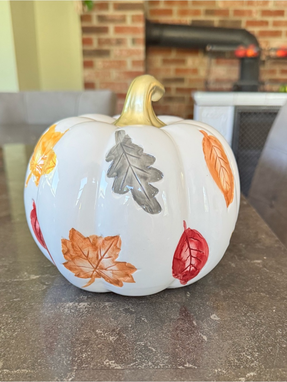 White Ceramic Pumpkin with Autumn Leaf Motif